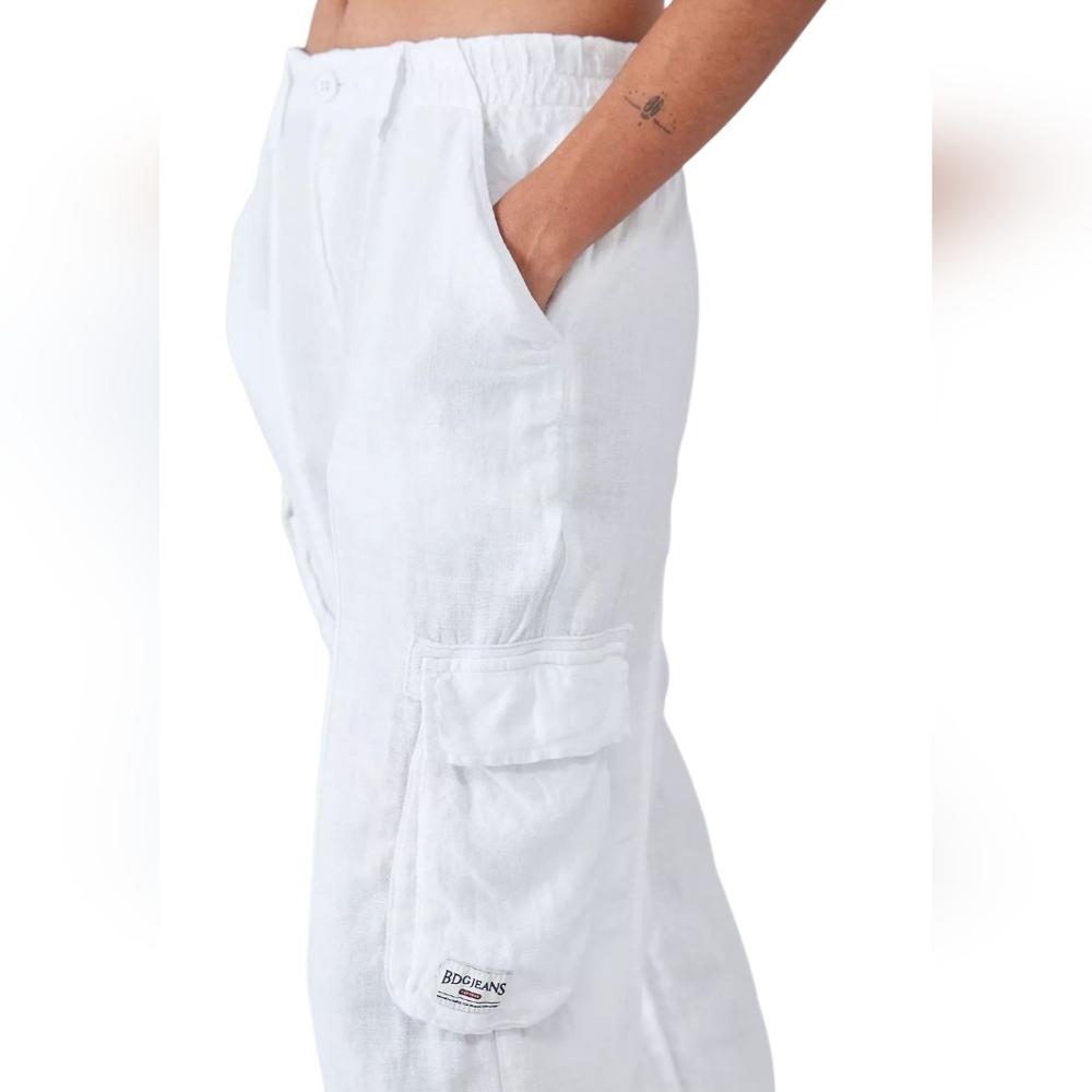 BDG White Linen Multi Pocket Cargo Pants Slouchy Baggy Indie Boho Grunge XXS - Picture 2 of 16